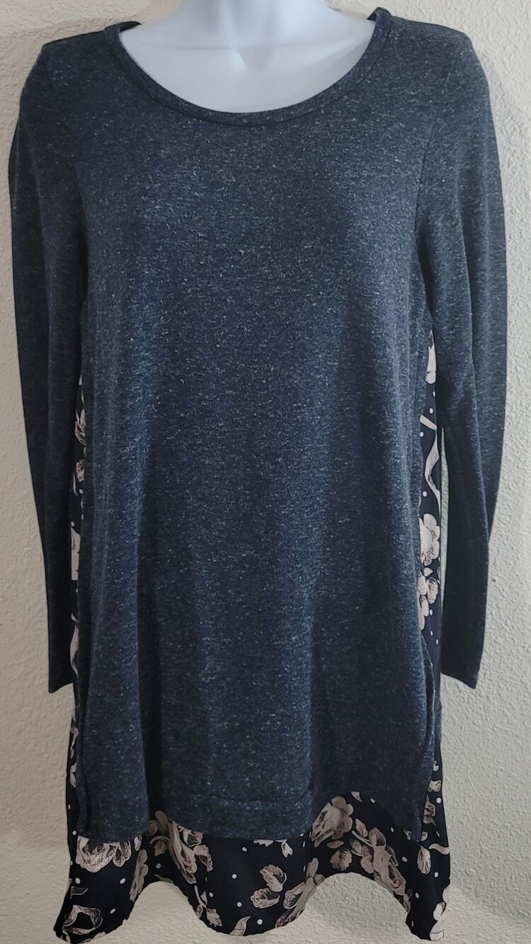 Mon Ami Blue Marled Floral Faux Layered Women's Top Small Long Sleeve Round Neck